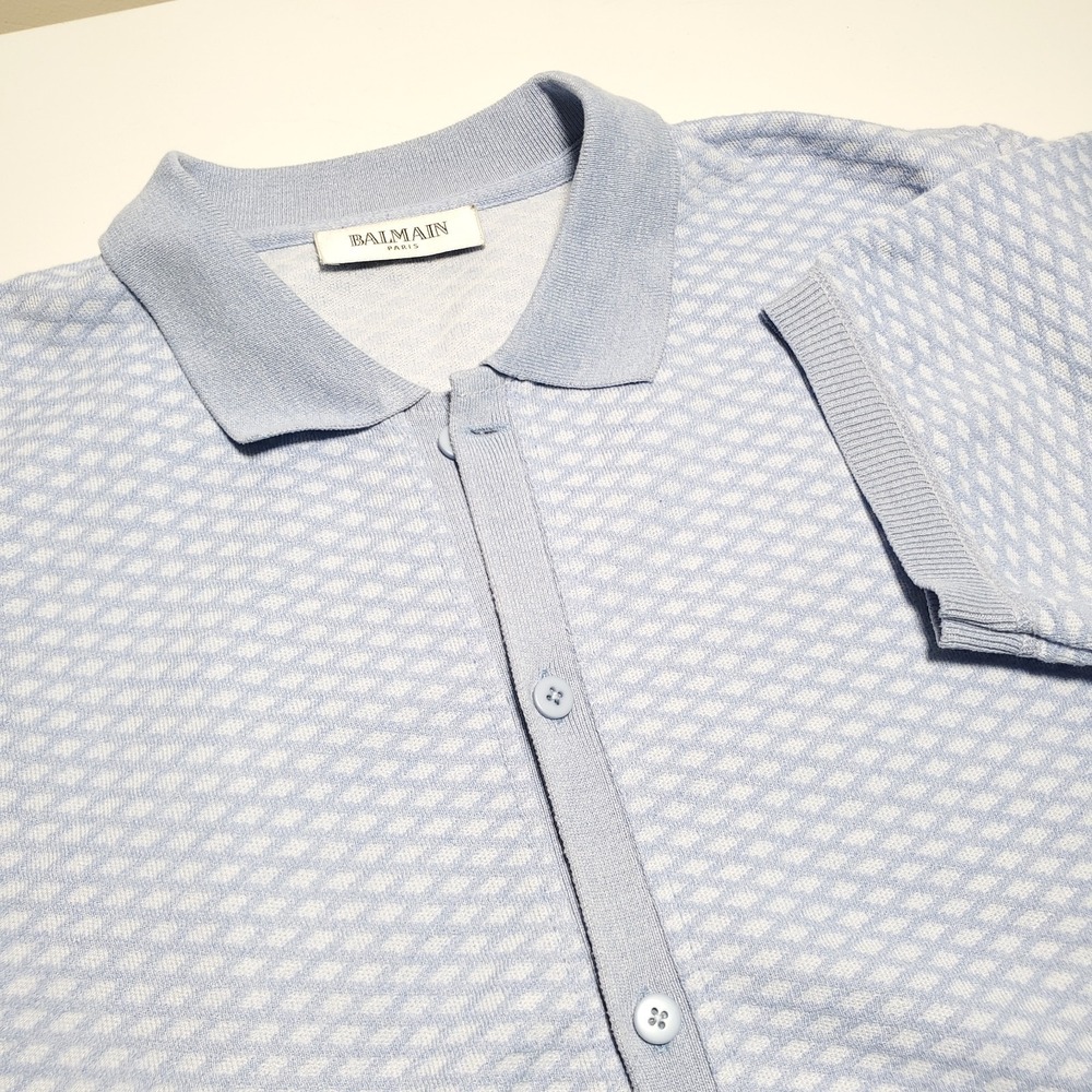 Balmain Mens ~XL Short Sleeve Button Blue Sweater